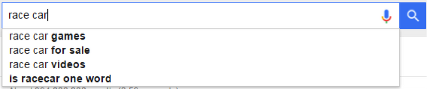 Google suggestions for the search 'race car.'