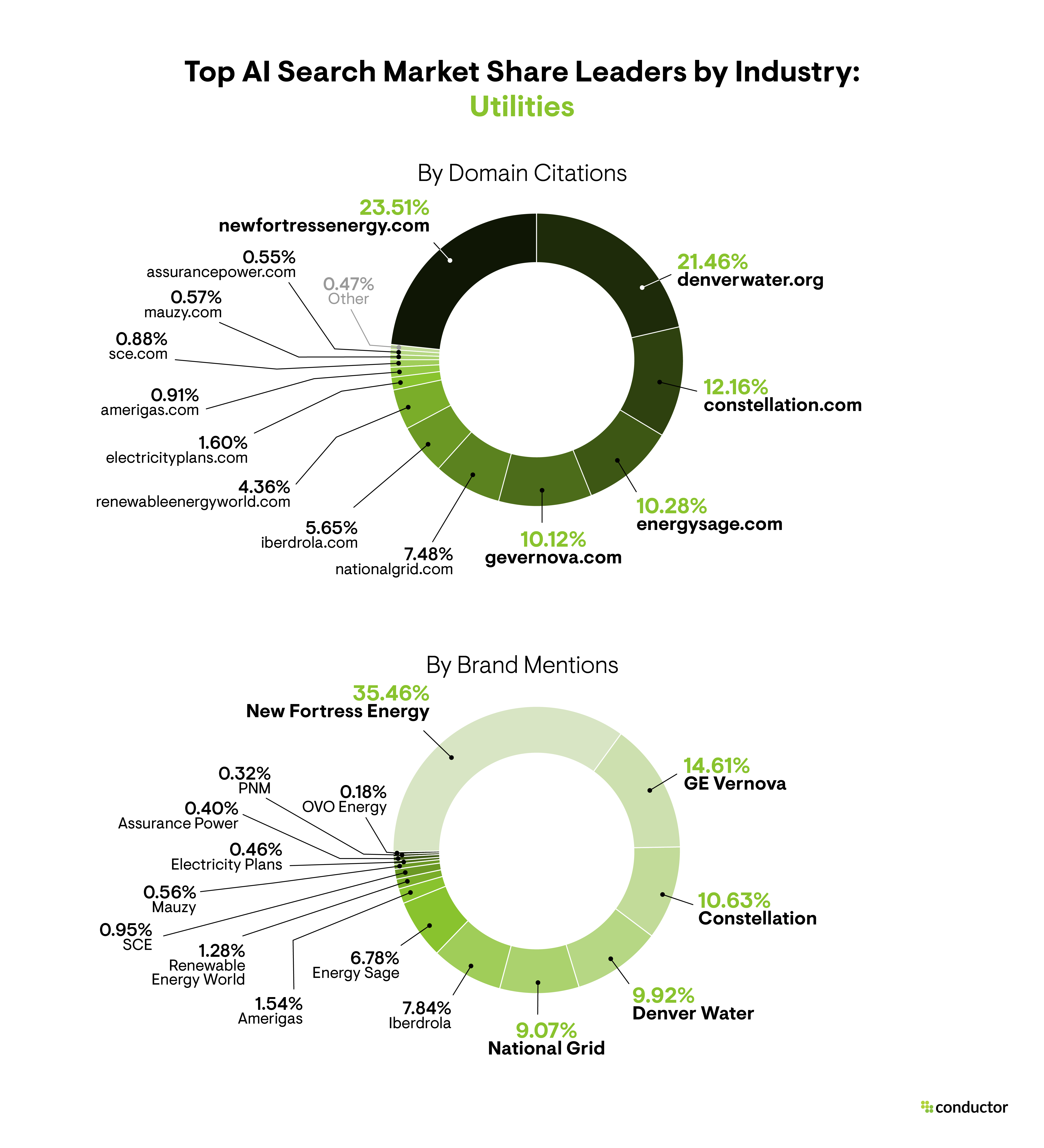 Pie chart depicting the market share leaders based on total number of AI citations and brand mentions in the Utilities industry.
