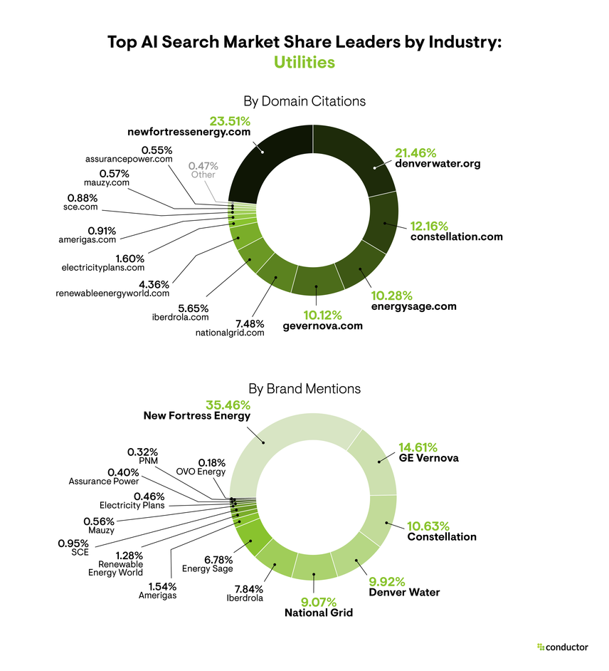 Pie chart depicting the market share leaders based on total number of AI citations and brand mentions in the Utilities industry.