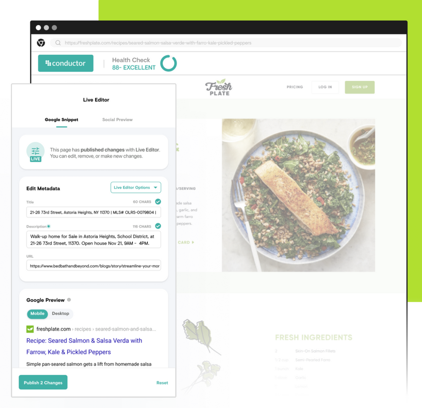The Conductor Live feature in our SEO Chrome Extension demonstrating how you can change your website with the Extension as you view your website