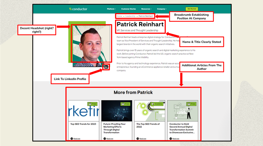 Example of an author bio with callouts highlighting elements that help Google determine authority.