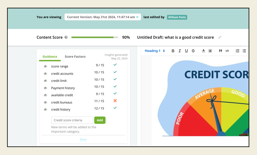 In the Writing Assistant interface, a new term is manually entered in the available text field at the bottom of the suggested keywords. Along the top of the screen, users can see which version of the draft they are currently viewing, when it was last edited, and who edited it.