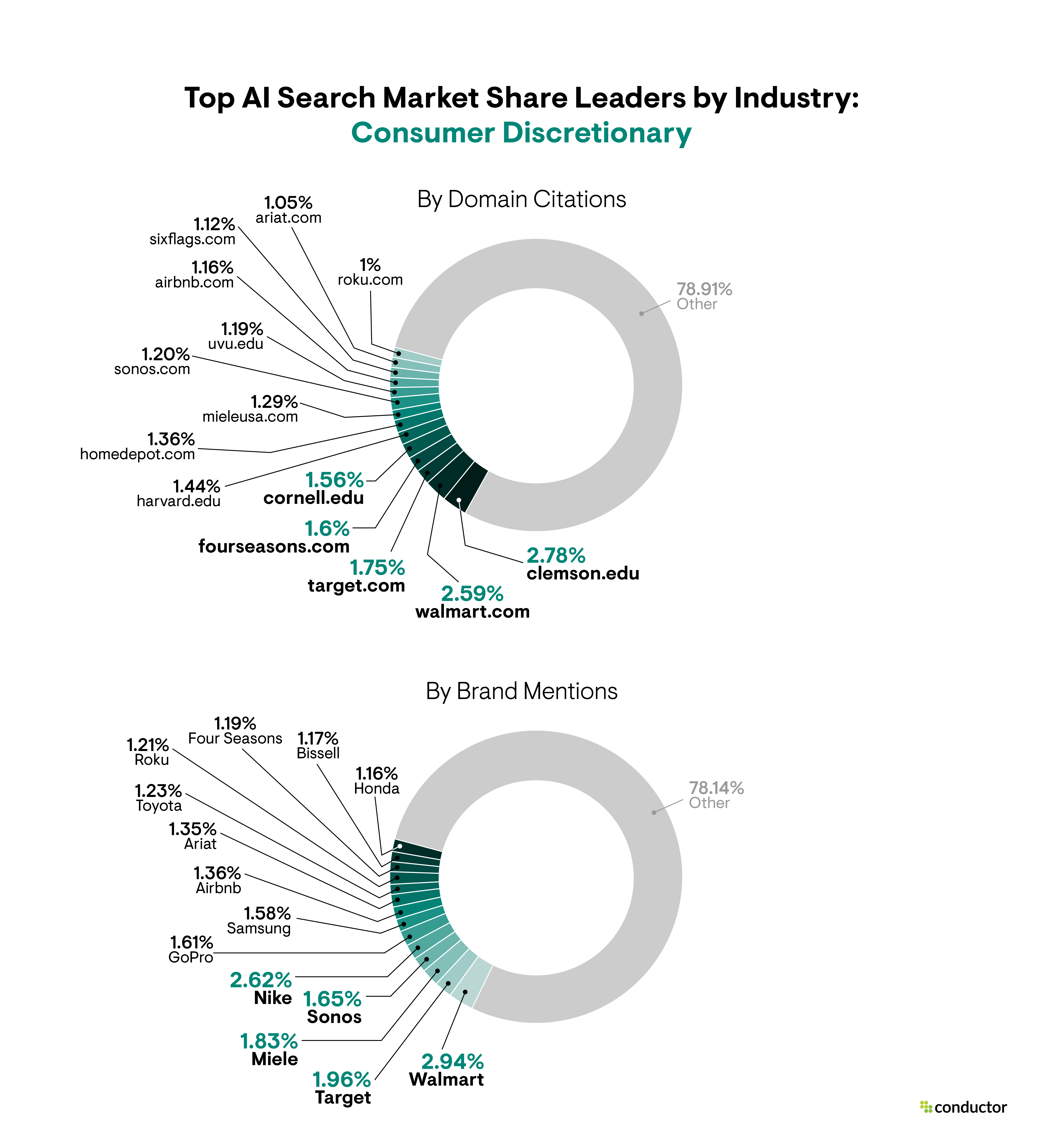 Pie chart depicting the market share leaders based on  total number of AI citations and brand mentions in the Consumer Discretionary industry.