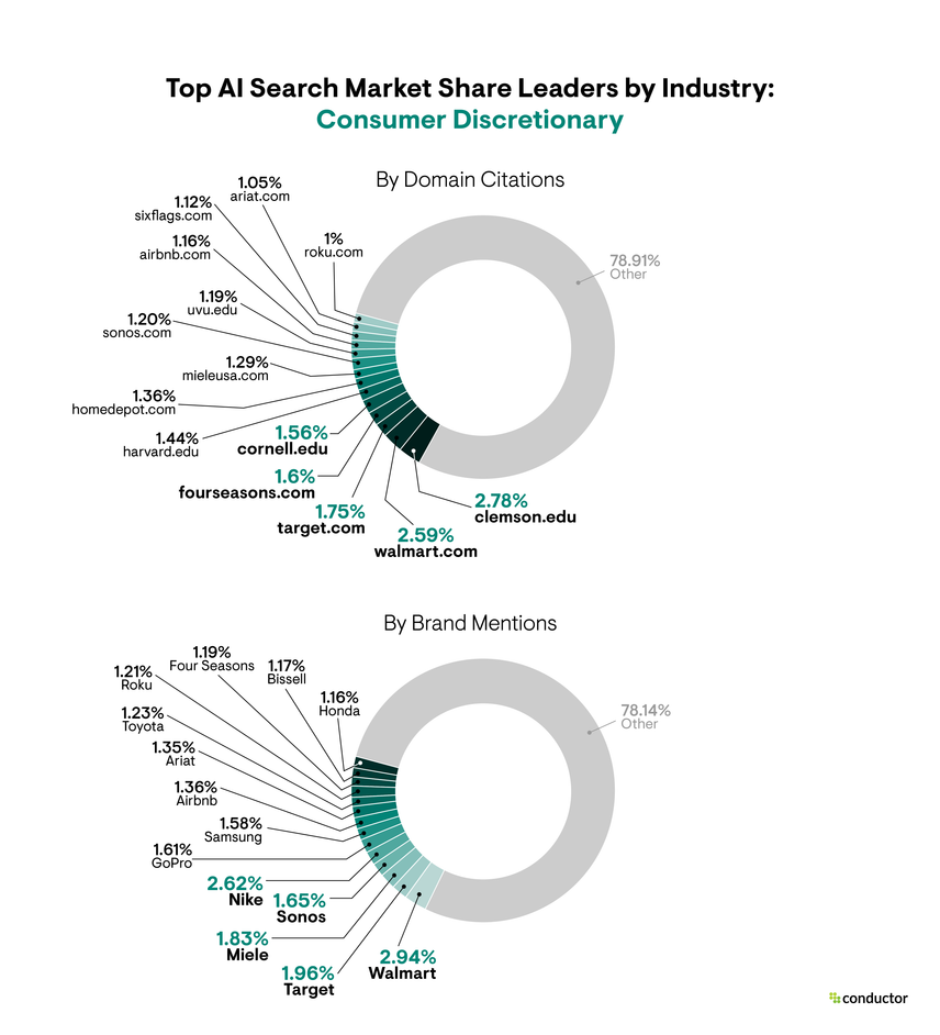 Pie chart depicting the market share leaders based on total number of AI citations and brand mentions in the Consumer Discretionary industry.