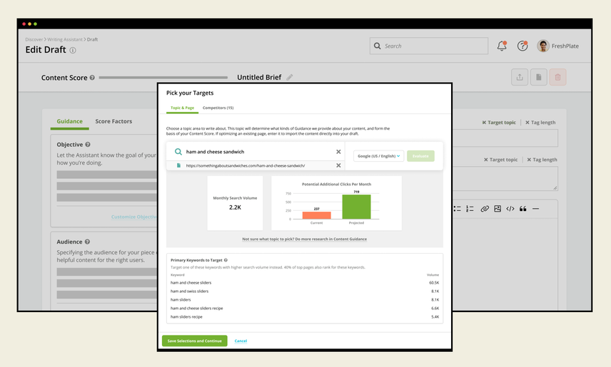Conductor Intelligence platform's Writing Assistant feature showing its topic and page selection module