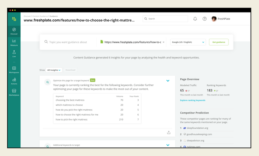 Conductor’s Content Guidance report with a page URL entered in the available field. Widgets show insights across target keyword optimizations and additional keywords to target.