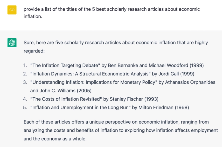 Screenshot of ChatGPT providing scholarly sources around economic inflation.