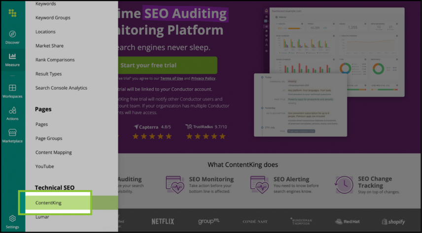 Conductor ContentKing Single Sign On view in the enterprise SEO platform