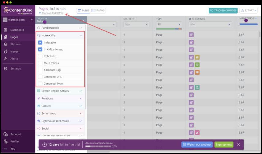 ContentKing Pages analytics view with indexability metrics
