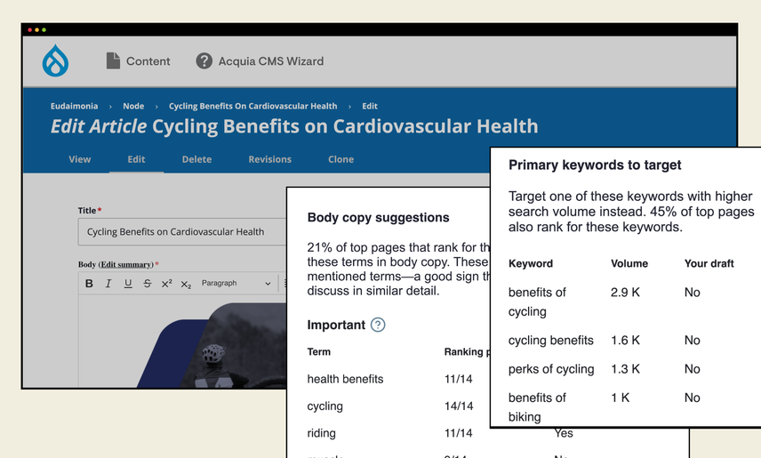 A platform UI screenshot of Acquia SEO showing the keyword and content insight recommendations and intelligence it provides