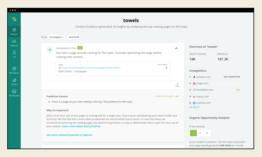 Conductor’s Content Guidance report with a list of insights for the topic “towels”. A widget at the top of the report indicates the user has a page already ranking for the topic and provides the specific URL.