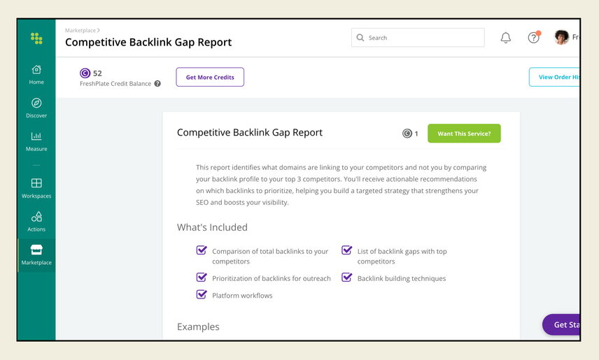 Within the Conductor Marketplace tab in the product, a summary of the Competitive Backlink Gap Report describes what's included with purple check boxes besides each feature.