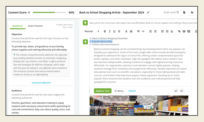 Conductor's Writing Assistant text interface with a selection of words highlighted. Below the selected words, a window suggests AI-generated copy that is built around the user's audience, objectives, and goals.