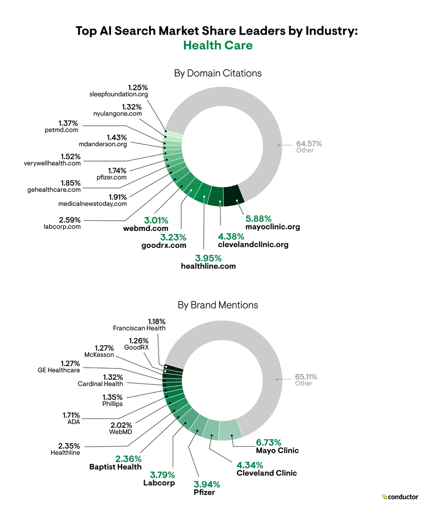 Pie chart depicting the market share leaders based on total number of AI citations and brand mentions in the Health Care industry.