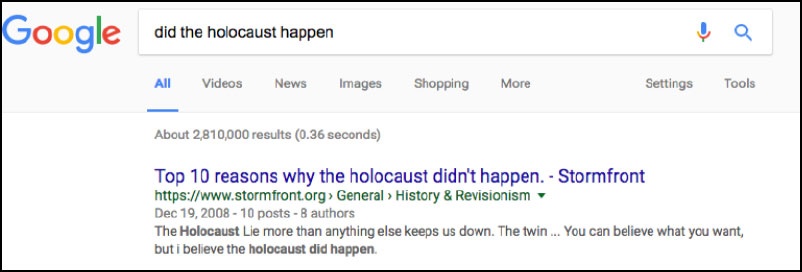 Example of Google returning false, biased, and/or conspiracy-laden content in its search results