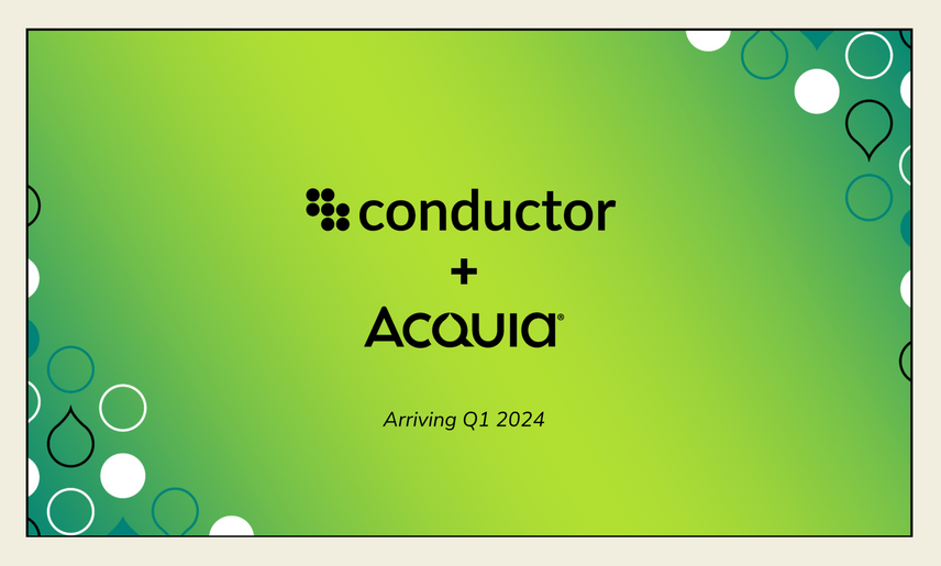 Acquia and Conductor’s logos with a plus icon between, on top of a bright green to dark green gradient with circle and water drop icons on the edges. 