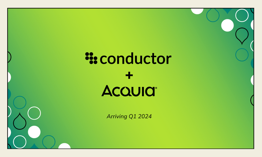 Acquia and Conductor’s logos with a plus icon between, on top of a bright green to dark green gradient with circle and water drop icons on the edges.