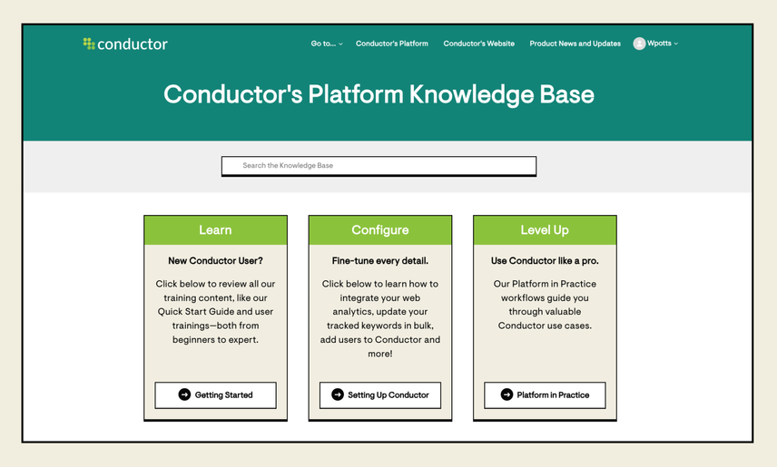 The home screen in the new Knowledge Base experience offers custom learning paths. Three of these paths are shown, "Learn", "Configure", and "Level Up", each directing users to content that meets their goals.