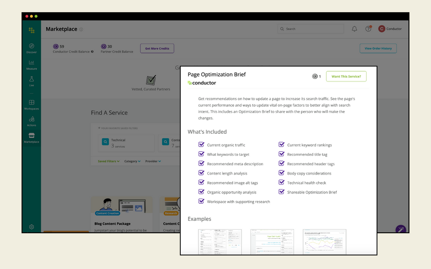 Conductor reimagined its Marketplace in 2022 to make it easier to find and request the SEO services that help you get stuff done, all within the platform. Shown: new details page for the Page Optimization offering.
