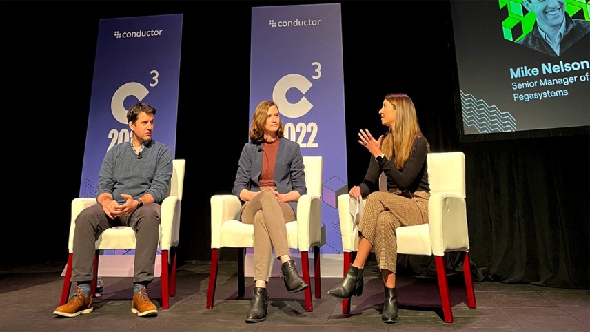 Mike Nelson, Nina Carlson, and Caitlin Rashbaum speaking at the Winning Enterprise SEO Strategies session at C3 2022