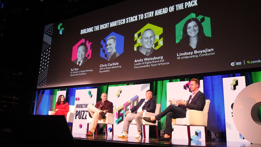 Chris Carlisle, SJ Yun, Andy Weissburg, and Lindsay Boyajian speaking at the Building the Right MarTech Stack session at C3 2022