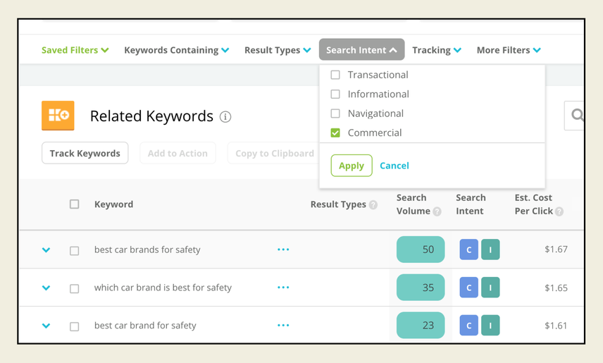 A list of related keyword suggestions within Explorer. A drop-down filter allows filtering results by specific intent type while rows of keywords are in the background.