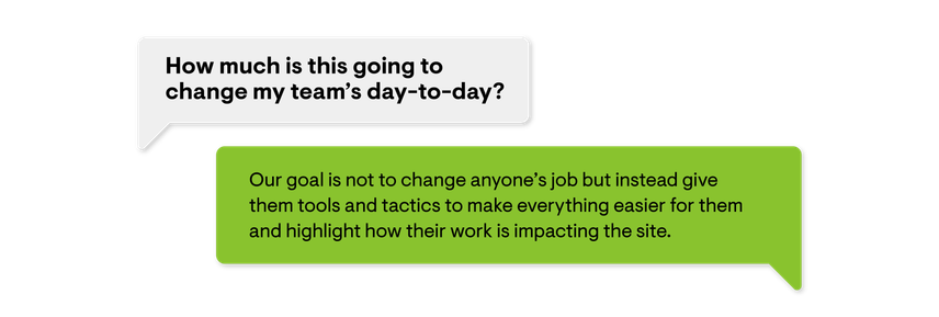 An image of text boxes depicting what a content leader might ask regarding creating a center of excellence.