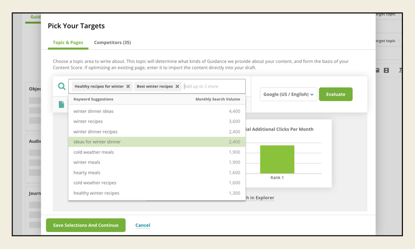 Two topics are entered within a search bar in Writing Assistant, and a pop-up says three more terms can be entered for analysis. A list of keyword suggestions populates below the search bar, ranked in order of monthly search volume.