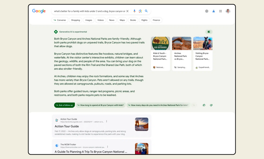 A screenshot of a SERP result for a family vacation query showing the new SGE results that populate as a new search result type from Google.
