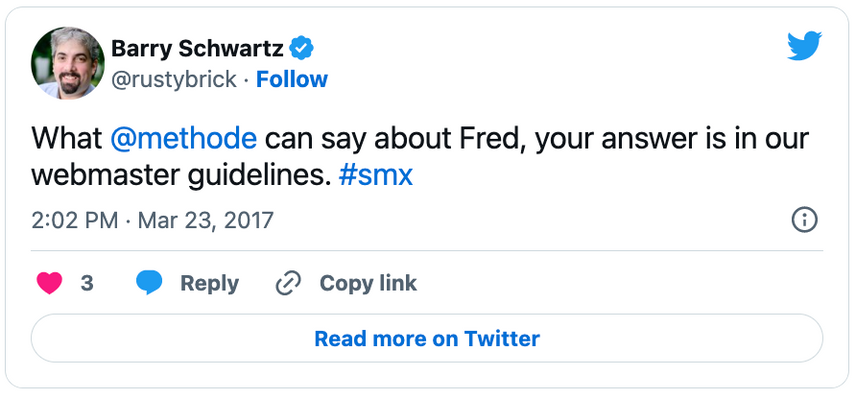 Tweet explaining that details about the Fred algorithm update can be found google's webmaster guidelines