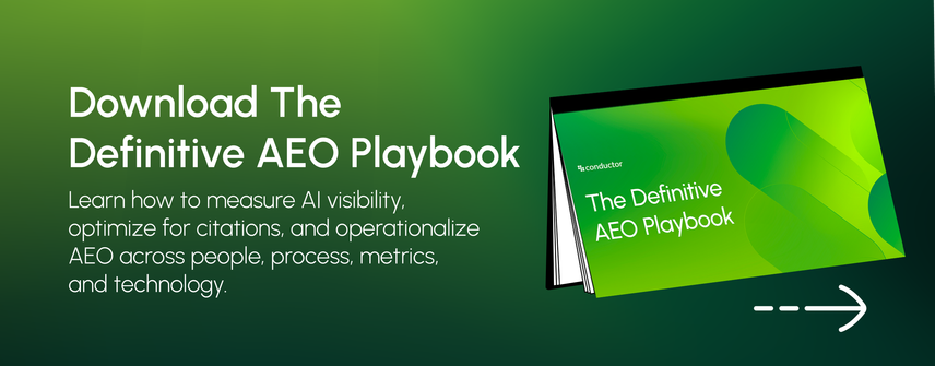 CTA banner promoting The Definitive AEO Playbook, a guide to measuring AI visibility, optimizing for citations, and operationalizing AEO across people, process, metrics, and technology.