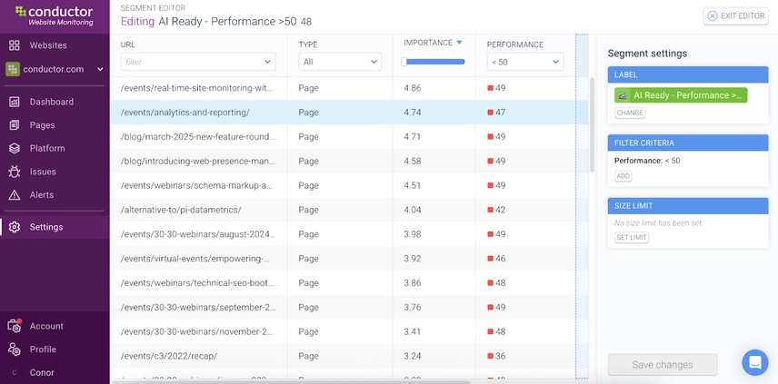 An image of a Conductor Monitoring dashboard showing pages with custom segmentation of performance scores below 50.