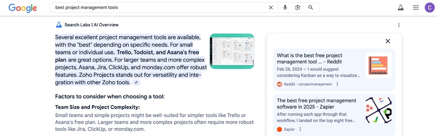 Screenshot of Google's SERP and AI Overview for the query: best project management tools.