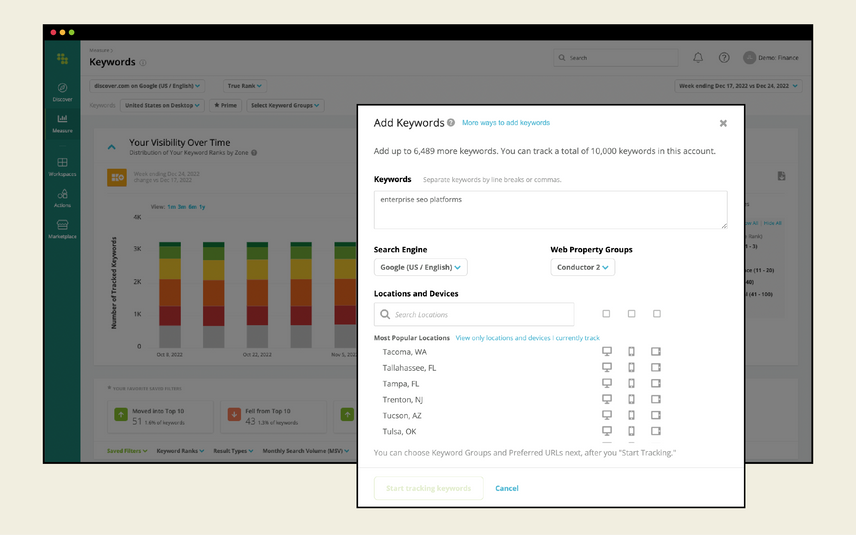 Conductor’s Keywords report highlighting the ability to instantly start tracking and reporting on keywords for any U.S. location (22,000+), so you don’t need to wait to expand to new markets and capture the next ranking opportunity.