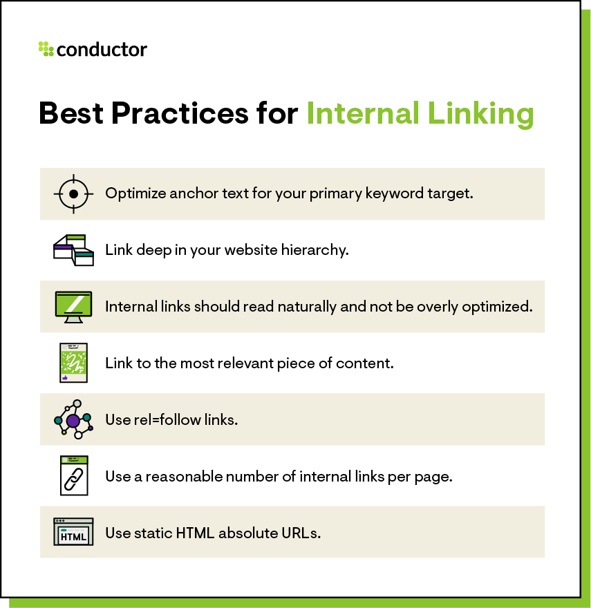 List of seven internal linking best practices.