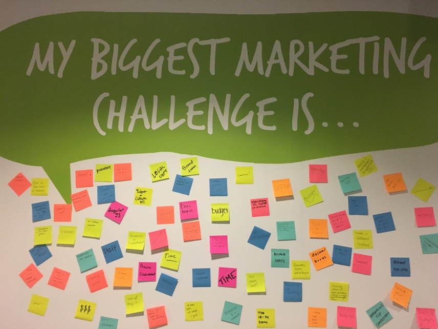 Image of sticky notes on a wall depicting the greatest challenges facing marketing teams.