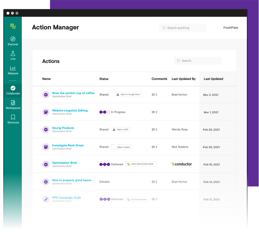 Product screen showing the task names, status, and latest activity of different projects created within Conductor's Actions Manager