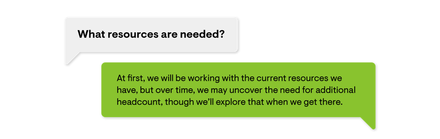 An image of text boxes with a sample question of what execs might ask and how you should answer.