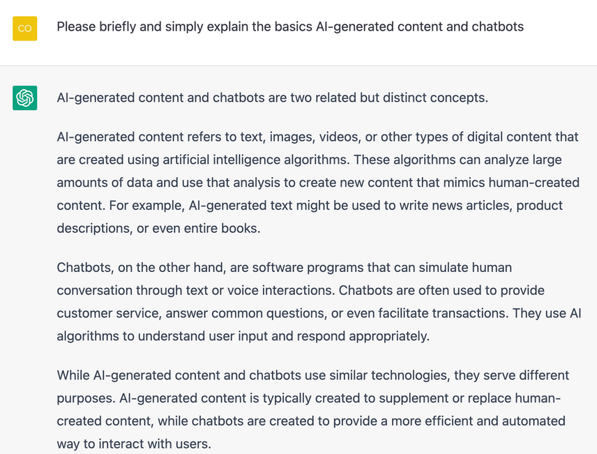 Screenshot of ChatGPT explaining the basics of AI-generated content and chatbots.