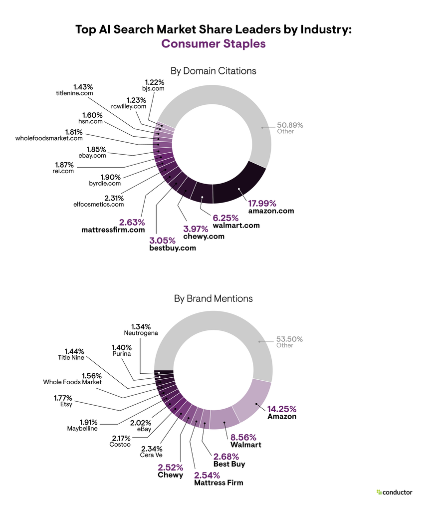 Pie chart depicting the market share leaders based on total number of AI citations and brand mentions in the Consumer Staples industry.