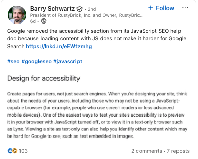 Barry Schwartz's LinkedIn post screenshot