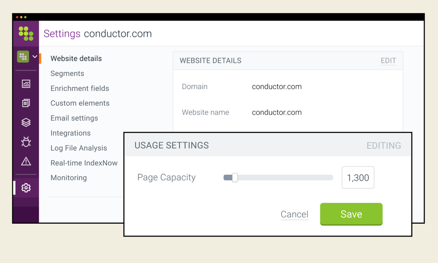 The settings screen in Conductor Website Monitoring appears in the background, with the website details tab selected. A pop-up overlay shows a slider for allocating page capacity that is set to 1,300.