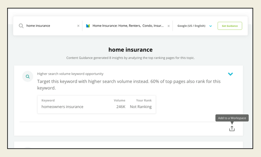 Conductor’s Content Guidance screen, with a recommendation to target a higher search volume keyword and embedded icon to add it to a Workspace. 