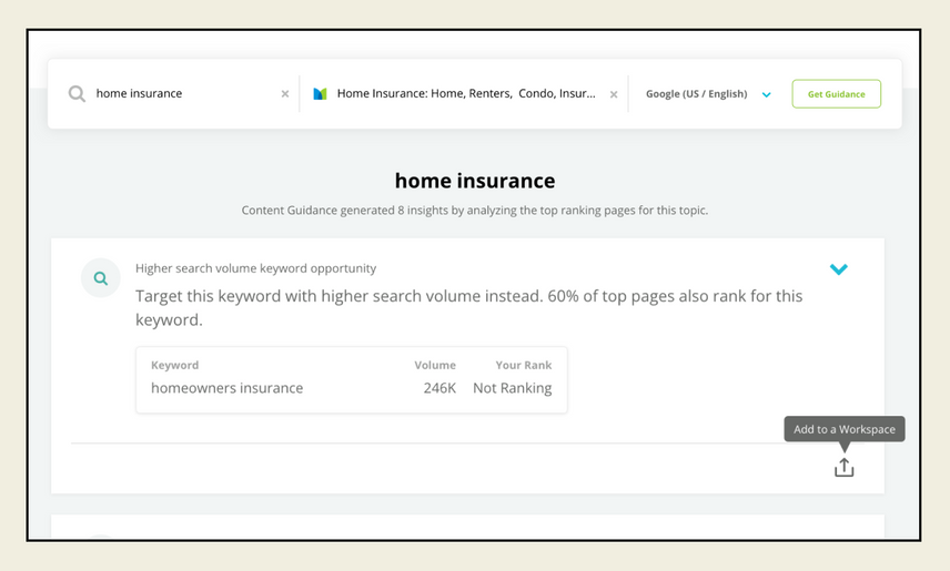 Conductor’s Content Guidance screen, with a recommendation to target a higher search volume keyword and embedded icon to add it to a Workspace.