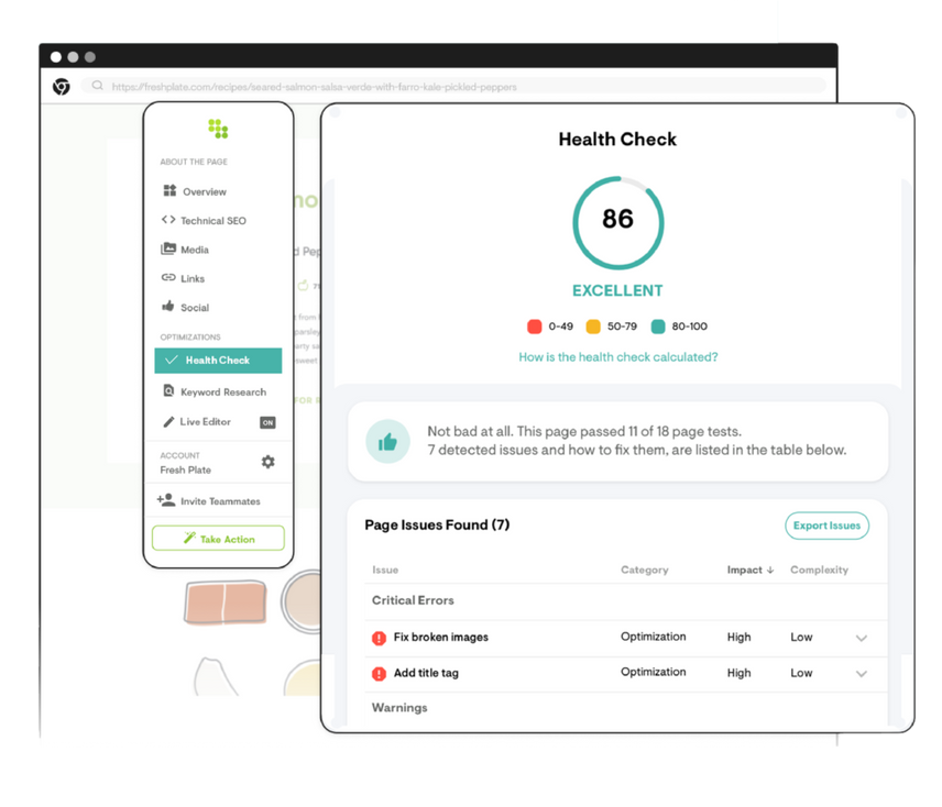 Conductor Chrome extension displaying a health check score of the page you're looking at