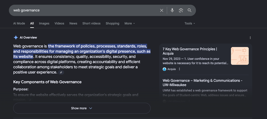 Google’s AI Overviews for “web governance”