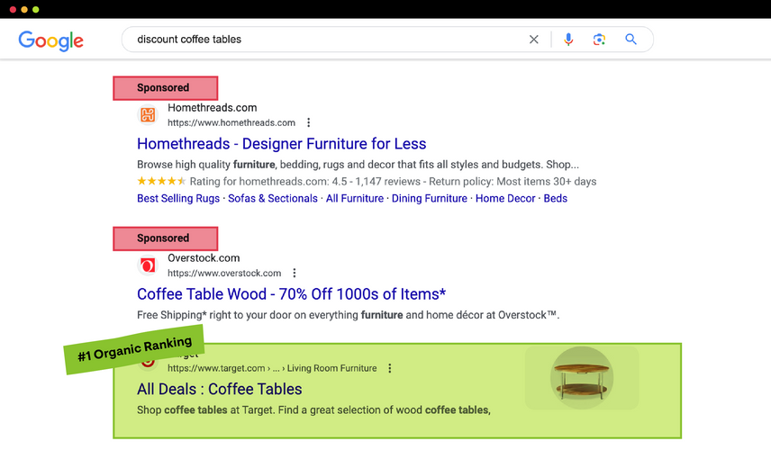 A screenshot of the Google SERP for the query "discount coffee tables."