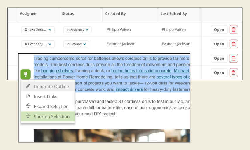 A table lists content projects, providing details on assignee and status, and a popup sits in front showing a selection of highlighted text and menu prompt to shorten selection.