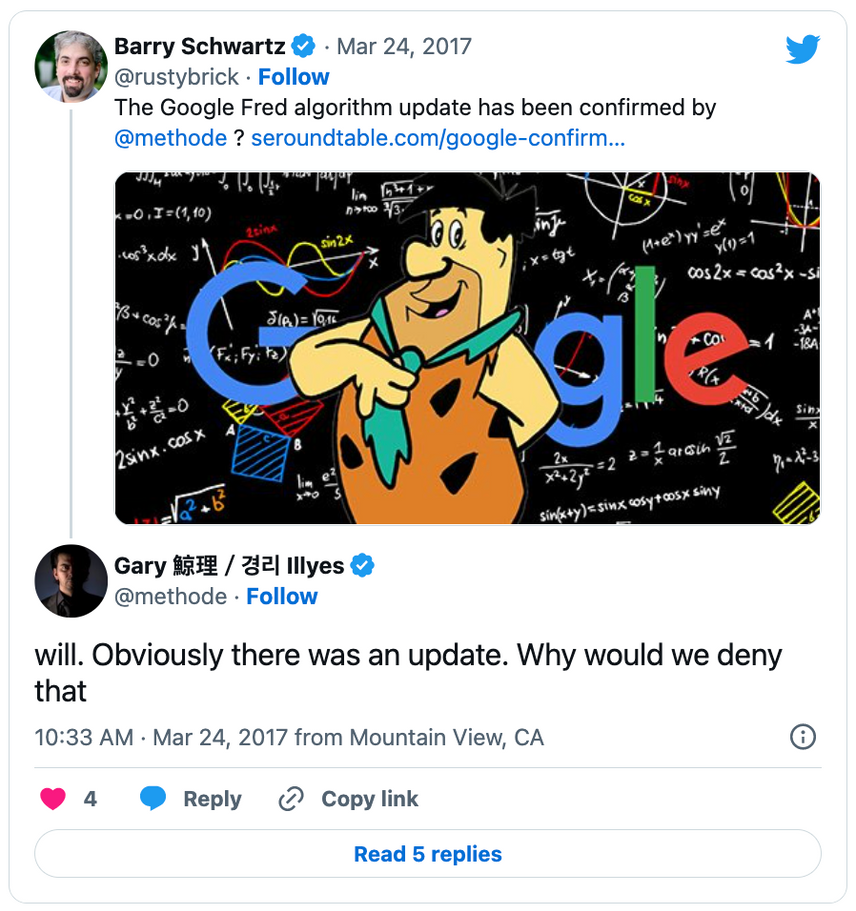 Tweet showing that the Fred algorithm update has been confirmed