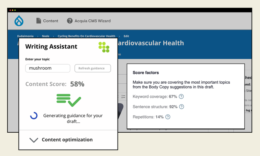 Platform UI screenshot of Acquia SEO x Conductor's Writing Assistant which provides a dynamic content score on how optimized and effective the content is